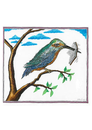 Bird with a Book by Waldemar Mandzel - a kingfisher on a branch holding a small open book