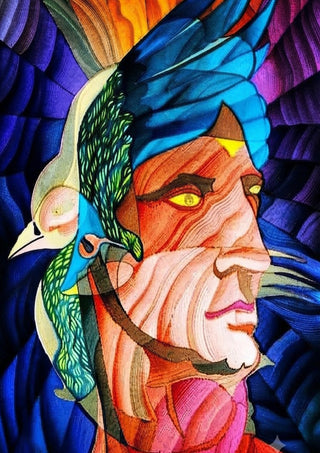 Adonis by Carlos Enrique Gozalo Ara - a man's face merging into a blue and green bird in faceted colour