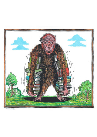 Ape with Books by Waldemar Mandzel - a red-brown ape standing upright with a tall stack of books