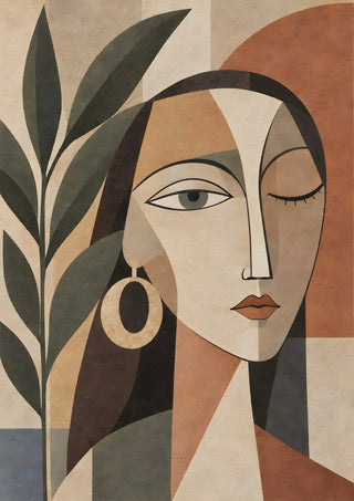 Cubist Woman Portrait with Plant by TimlessArtworks - a face in cream, grey and clay beside olive leaves