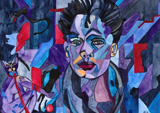 Ich kenne dich by Vera Louise Boldt - a faceted face in blue and violet with a cat on a red leash
