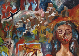 Torn between lovers by Will Black - a woman's face beside a hillside of brown and white blocks