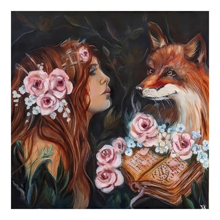 Anne´s Fox encounter by Elisa Kay - a red-haired woman and a red fox facing each other over an open book framed by pink roses