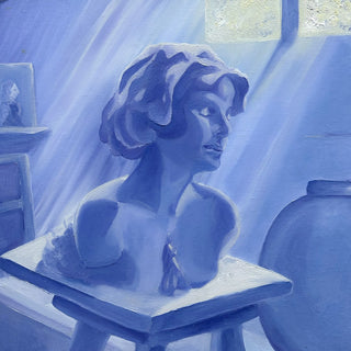 Blue Atelier by Ditte Hartfelt - a plaster bust on a table in a sunlit studio, painted in blue