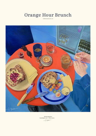 Orange Hour Brunch by Ditte Hartfelt - an orange brunch table seen from above, set as a titled poster