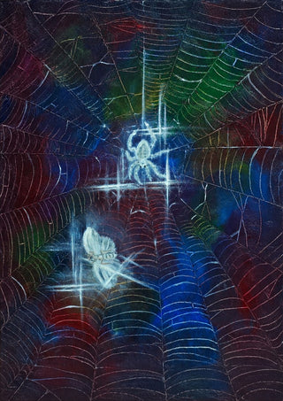Trap by Zhan Snow - a glowing white spider and a butterfly caught in a spiral web