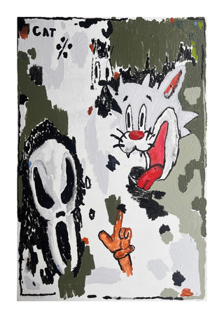 BALLER’INA ESCORT by Oscar Birch - a cartoon cat with a long red tongue beside a Ghostface mask