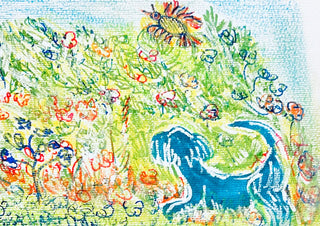 Blue Cat in the Garden by Eva Hartman - a blue cat among green grass and bright flowers in felt pen
