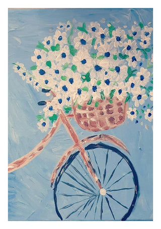 Whimsical Journey in White by Bibi - a bicycle basket full of white blossoms on pale blue