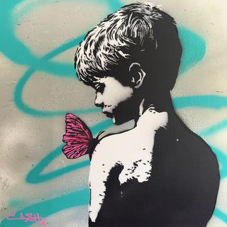 A sense of lightness by Cash - a stencilled boy with a pink butterfly on his shoulder