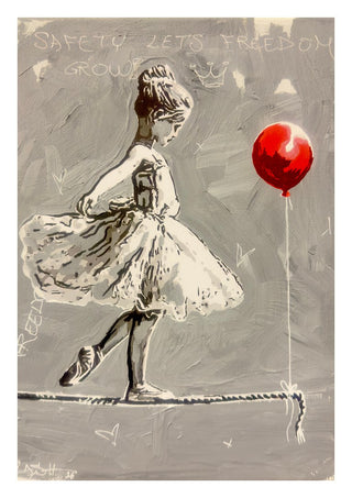 Safety Lets Freedom Grow by Cash - a ballerina on a tightrope with a red balloon in grey