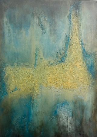 Golden Tower by Miguel Lemos - a thick gold form rising from a teal and blue ground