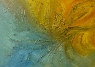 Yellow Burst by Miguel Lemos - gold strokes bursting across a teal and sea green ground
