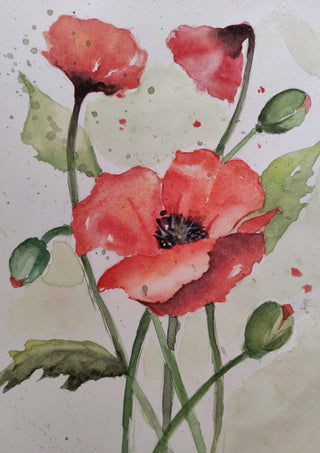 Red Poppies by RenataK - three red poppies on green stems in watercolour on white paper
