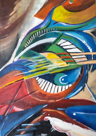 Sound and Colour by RenataK - a teal eye and piano keys among bands of blue, red and green