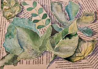 Leaves on Newsprint by RenataK - painted leaves torn out and collaged over newspaper print