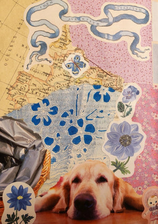 Resting Retriever by RenataK - a golden retriever under an old map and blue cut-out flowers
