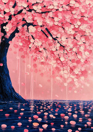 Cherry Blossom over Water by Yokohama - a pink blossoming tree with a dark blue trunk over petal-strewn water