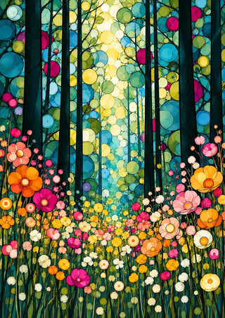 Stained Glass Forest by Yokohama - dark trees against circles of teal, yellow and magenta over a flower meadow