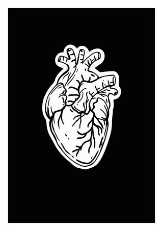 Still Beating by Nari - an anatomical heart in black line on a white sticker shape against black