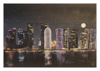 Doha by night by Dina - the lit towers of Doha under a full moon, reflected in dark water
