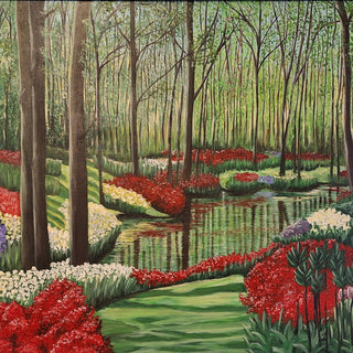 Spring by Dina - a wood in new green leaf with red flowerbeds beside a still pond