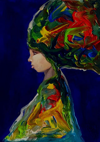 The Wind by Ronny Simon - a woman in profile with hair swept into green, red and yellow on blue