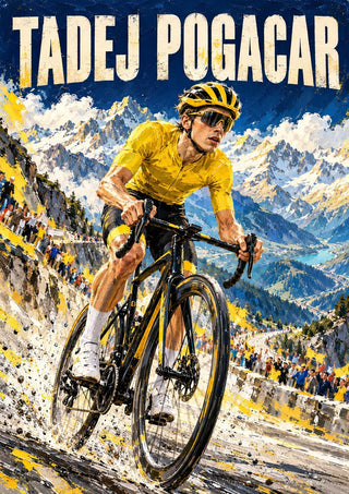 Tadej Pogacar by Danii Steinfeldt - Tadej Pogacar climbing in the yellow jersey through the Alps