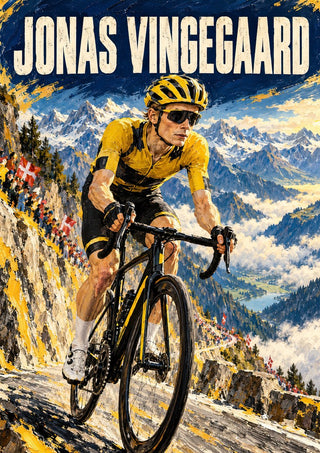 Jonas Vingegaard by Danii Steinfeldt - Jonas Vingegaard climbing in the yellow jersey past Danish flags