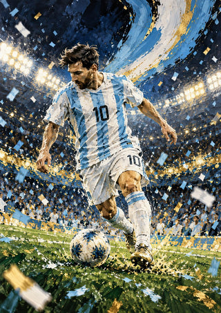 Lionel Messi by Danii Steinfeldt - Lionel Messi with the ball in Argentina stripes through confetti