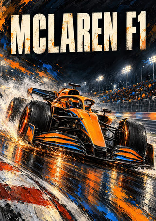 McLaren F1 by Danii Steinfeldt - an orange McLaren Formula 1 car out of a wet floodlit corner