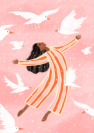 Joyful Liberation by Bea Müller – woman in striped pyjamas floating among white birds in a pink sky