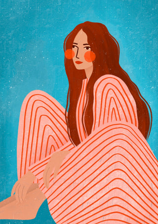 Serene Striped Woman by Bea Müller – red-haired woman in pink striped outfit on turquoise