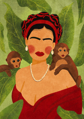 Illustration of a woman in red with two monkeys on her shoulders, set against large green leaves.