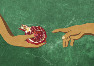 Illustration of one hand offering a pomegranate while another hand reaches toward it, on a green background.