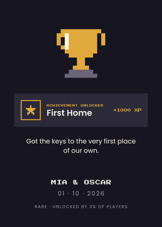 Achievement Unlocked personalised poster – a pixel trophy and an achievement banner with your own milestone, names and date (Dark)