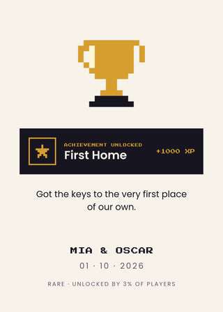 Achievement Unlocked personalised poster – a pixel trophy and an achievement banner with your own milestone, names and date (Gold)