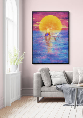 Framed "Surfer Girl - Raissa Oltmanns" artwork in a bright living room with pastel pink walls.