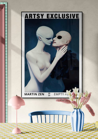Poster for "Empty Feelings" by Martin Zen, featuring two surreal masked figures in an intimate pose.