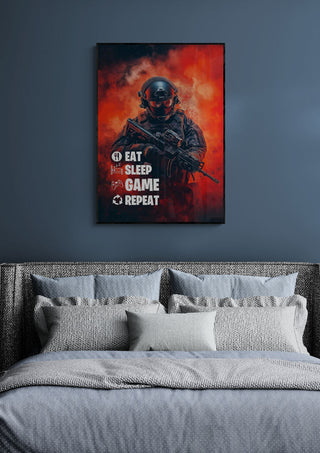 Eat Sleep Repeat Gamer poster featuring a soldier with gaming gear, displayed above a modern bed.
