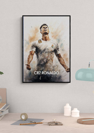 CR7 Ronaldo Football Poster featuring Cristiano Ronaldo celebrating in a white jersey, mounted on a wall.