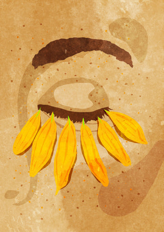 Artistic illustration of an eye with thick eyebrow and yellow flower petals as eyelashes, Flower power eye lashes.