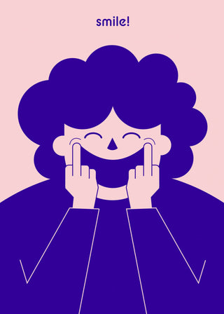 Illustration of a person using their fingers to make a big smile, with "smile!" text above.