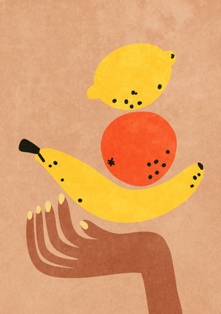 Illustration of a hand holding a banana, orange, and lemon stacked above the palm.