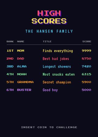 Family High Score personalised poster – an arcade high-score table with six family members and their funny titles (Arcade)
