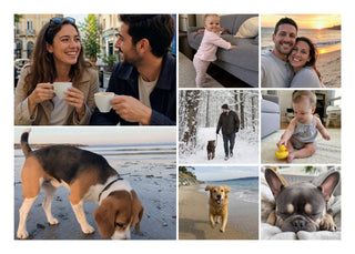 Family Collage landscape with featured photo personalised poster – 8 family photos with two large featured photos, with a white border and fine white lines