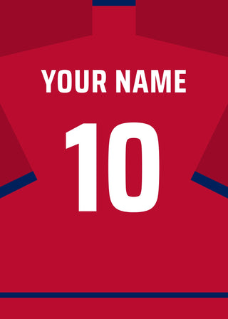 Personalised football shirt poster in Norway's red with white lettering – a name and number on the back