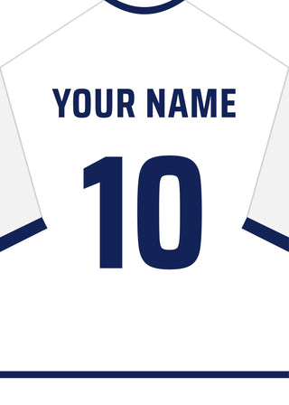 Personalised football shirt poster in Tottenham colours – white shirt with navy collar and trim, name and number on the back