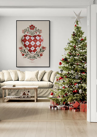 Cozy living room with Christmas tree, gifts, and a large red-and-white Christmas Heart artwork on the wall.