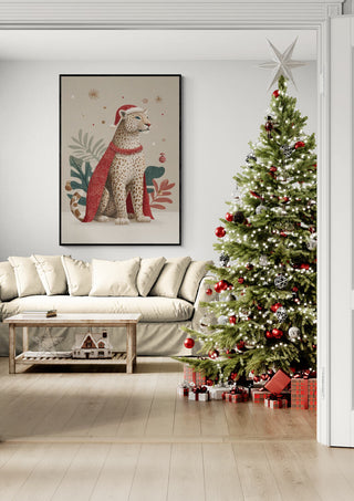 Festive living room with a Christmas tree and a wall art of a leopard wearing a Santa hat and scarf.